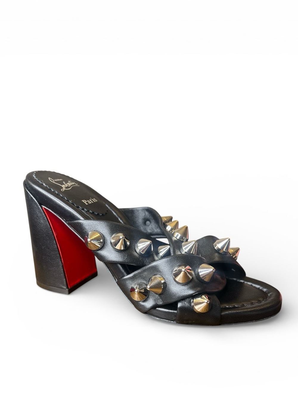 Christian Louboutin Size 36 Black Leather Spika Club 85 Spike Mule Heels NEW
